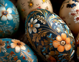 Vibrant Painted Easter Eggs with Floral Detail in Stunning Close-Up