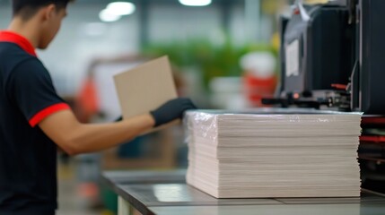 A worker checks for flaws in a stack of custom-printed boxes during the production process