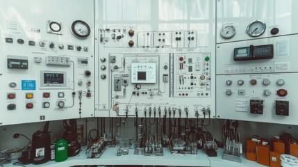 Minimalist control room displays monitoring equipment for battery assembly activities
