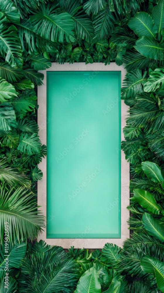 Poster aerial view of a rectangular turquoise swimming pool surrounded by a frame of dense, vibrant green t