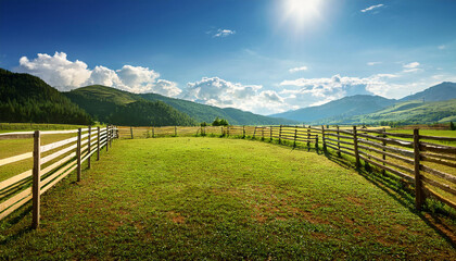 Fototapeta premium View of fences for horses, countryside, beautiful summer weather.