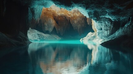  A cinematic still of an underground lake in a cave, with turquoise water reflecting on the rock walls