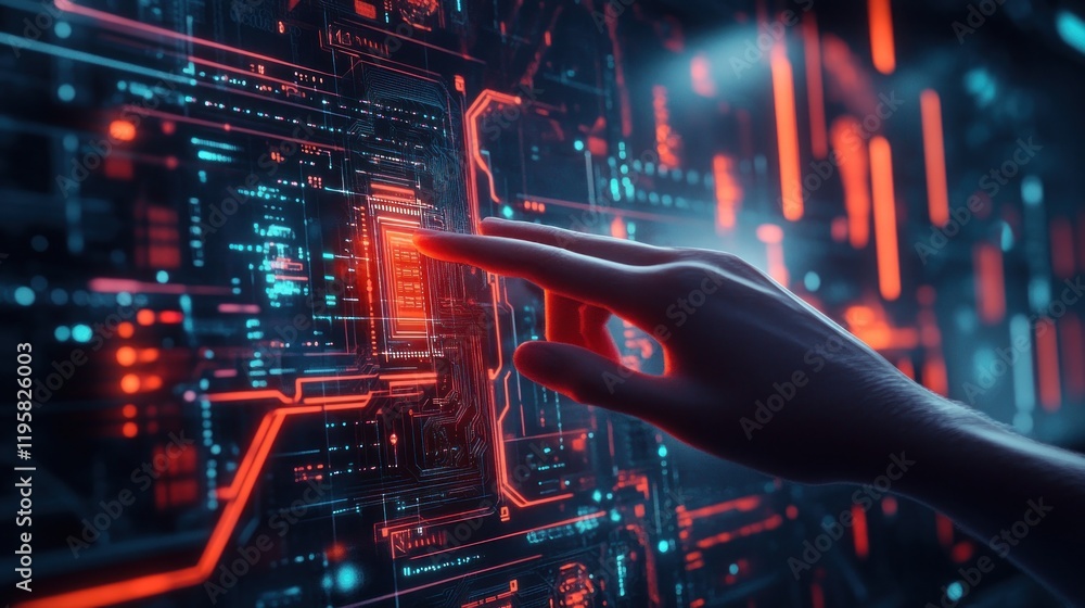 Poster a hand interacts with a futuristic digital interface