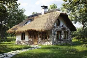 Cozy thatched cottage nestled in a green landscape with sunny skies and lush trees, perfect for a serene getaway in the countryside