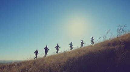 Runners ascend a grassy hill under a bright sun