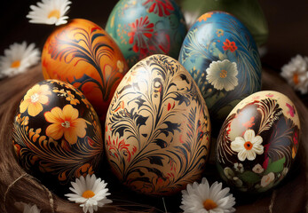 Fototapeta premium Vibrant Painted Easter Eggs with Floral Detail in Stunning Close-Up