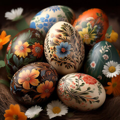 Vibrant Painted Easter Eggs with Floral Detail in Stunning Close-Up