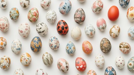 A collection of colorful, intricately decorated eggs arranged in a grid pattern on a white background. The eggs feature various patterns, including polka dots, stripes, and abstract designs