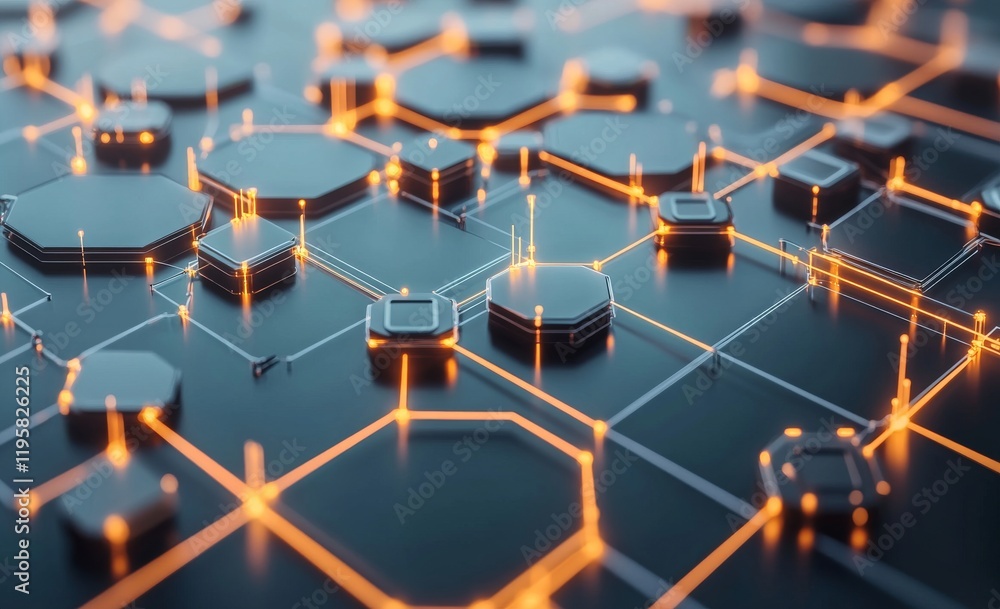 Poster a field of hexagons in a futuristic 3d illustration, featuring a computer of the future with its edg