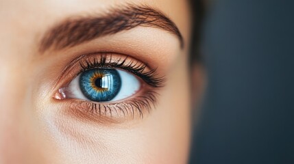 Obraz premium Close-up View of Human Eye Reflecting Light with Intricate Iris Patterns and Lush Eyelashes in Natural Lighting