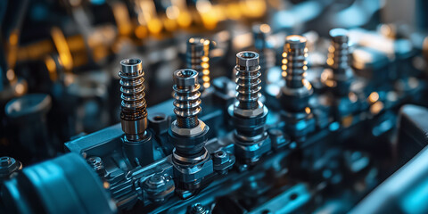 Close-up of intricate engine components and metal springs against a vivid industrial backdrop, highlighting fine craftsmanship, precision engineering, and metallic finishes