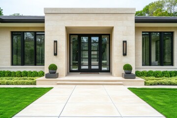 Fototapeta premium Modern residential entrance showcasing elegant architecture and landscaped surroundings, featuring carefully placed greenery and stylish lighting fixtures