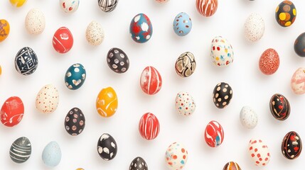 A collection of colorful, intricately decorated eggs arranged in a grid pattern on a white background. The eggs feature various patterns, including polka dots, stripes, and abstract designs