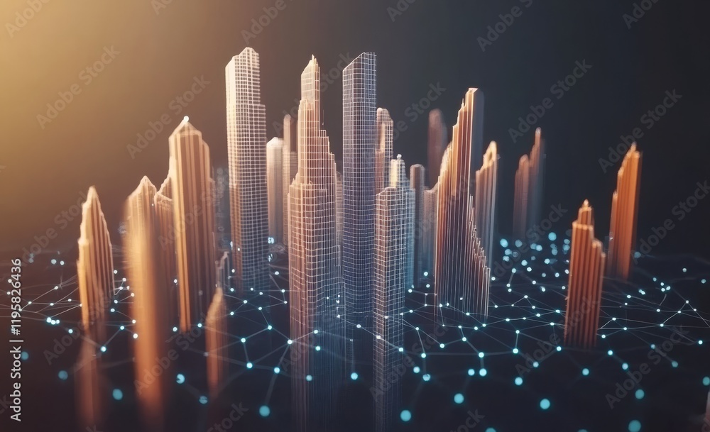 Poster digital city. global cyberspace. a 3d illustration showcasing wireless internet technologies. it inc