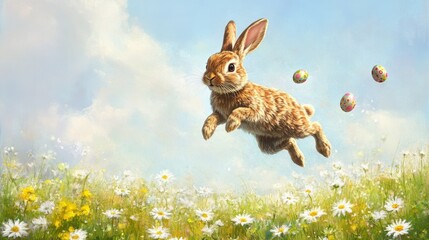 Obraz premium A rabbit is hopping in a field of daisies with decorated Easter eggs scattered around. The scene is bathed in warm sunlight, creating a serene and joyful atmosphere.