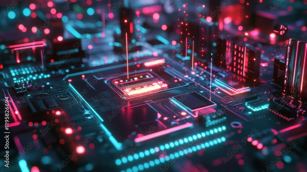 Poster futuristic computer circuit board with neon lights