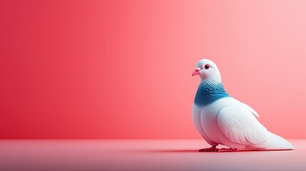 Obraz premium Realistic illustration of a pigeon with white body and blue neck standing against a vibrant red background