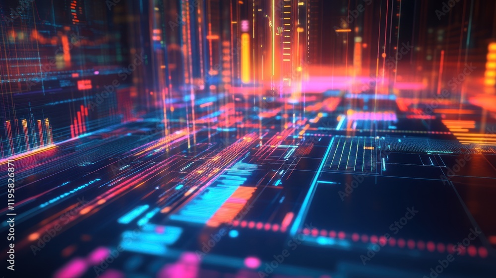 Poster abstract digital data visualization neon cityscape