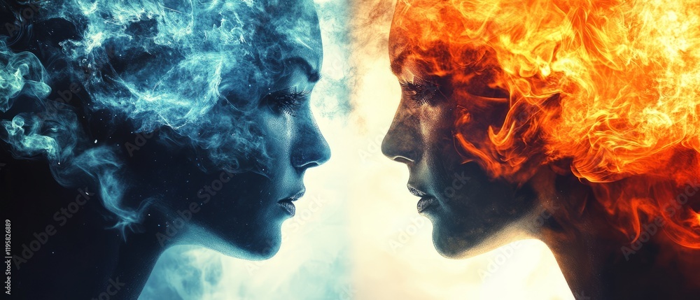 Poster exploring the duality of fire and ice representing opposing forces in a striking double exposure eff