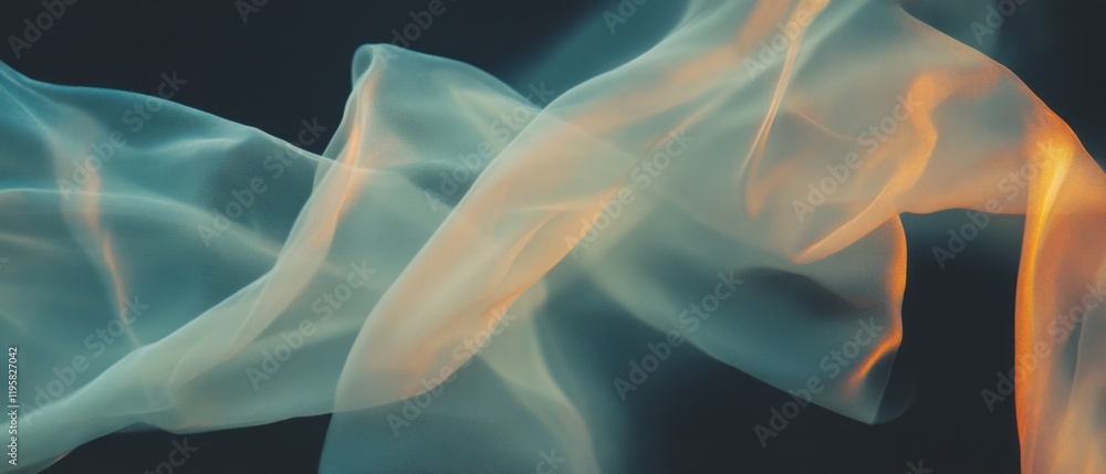 Poster Dynamic flowing fabric creates an abstract double exposure texture with fluid shapes and colors