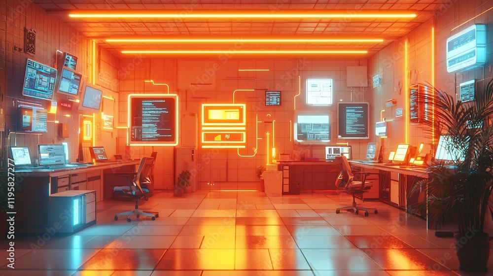 Poster Futuristic tech office with neon lights, computers, and screens displaying code.