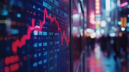 Digital stock market ticker showing red declining numbers in times square, new york city
