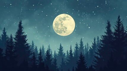 Full moon shining over a dark forest at night.