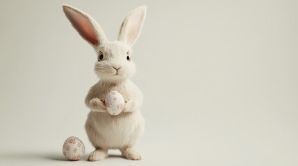 Obraz premium A fluffy rabbit with large ears is sitting upright on a plain background. To the left of the rabbit, there is a small, decorated egg. The rabbit's fur is light brown with white accents, and the egg