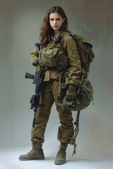 Fototapeta premium A woman in a military uniform holding a rifle and a backpack
