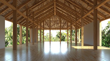 Tropical yoga studio, empty wooden floor, thatch roof, jungle view, meditation space