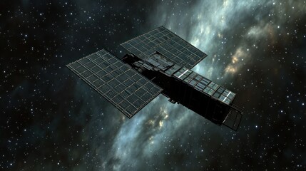 Spacecraft Solar Panels Orbiting Through Nebula