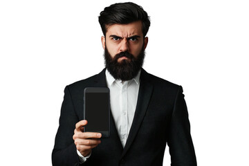 a portrait of a man with a beard in a suit holding a smart phone PNG image, PNG file, Generative art.