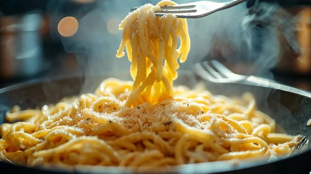 Plate of spaghetti with steaming sauce and a fork lifting pasta. Symbol of comfort and culinary joy for World Pasta Day . High quality 4k footage