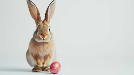 A fluffy rabbit with large ears is sitting upright on a plain background. To the left of the rabbit, there is a small, decorated egg. The rabbit's fur is light brown with white accents, and the egg