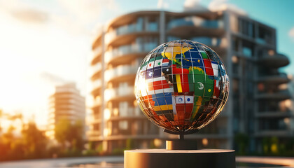 Globe featuring flags of different countries highlighting global diversity and international unity