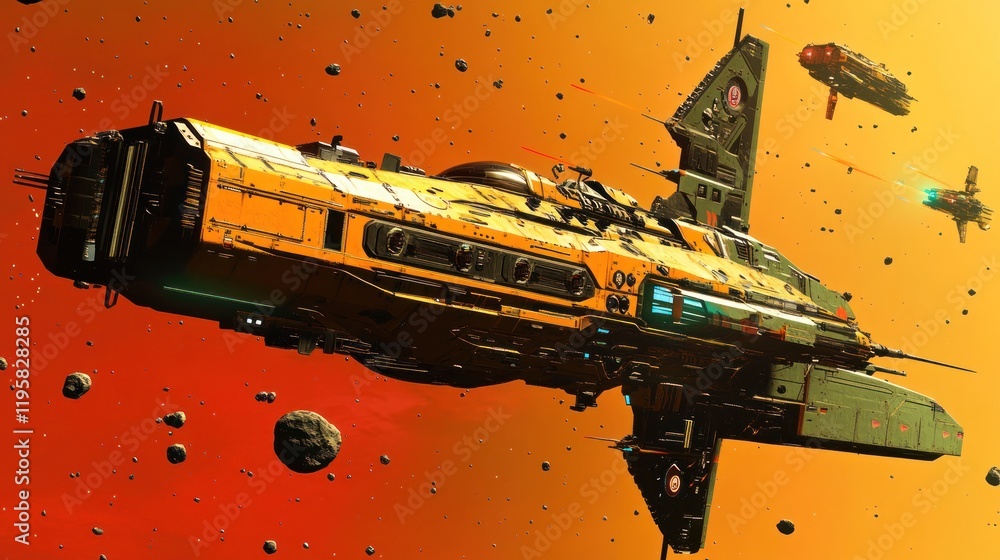 Poster spaceship navigating asteroid field through orange nebula