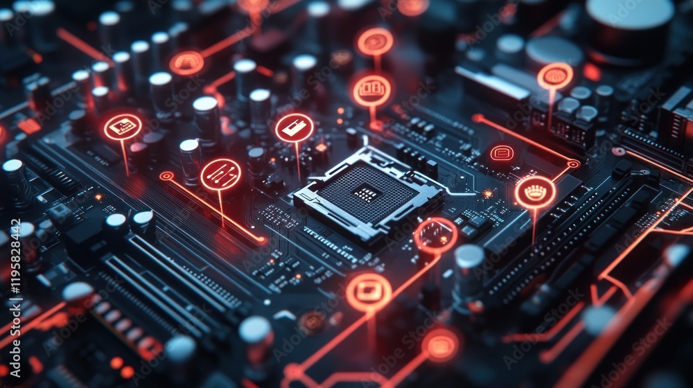 Aufkleber Illuminated Motherboard Shows Computer System Components
