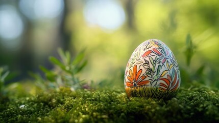 A beautifully decorated Easter egg with intricate floral patterns and vibrant colors is placed on a bed of green moss, surrounded by delicate pink flower petals. The background is softly blurred.