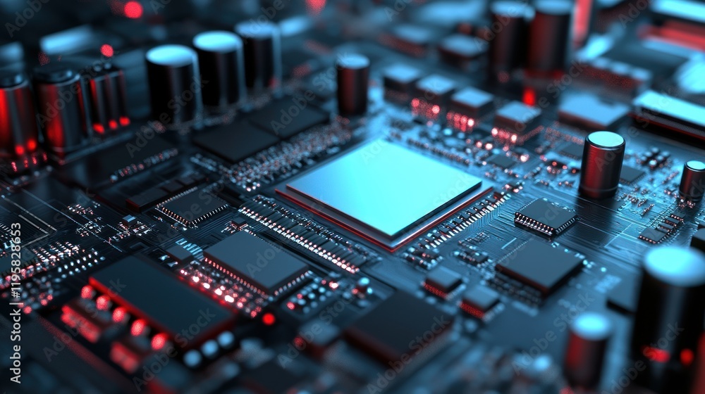 Poster Closeup view of a circuit board with a central processor