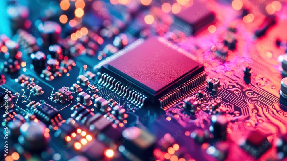 Poster Closeup view of a circuit board with a microchip