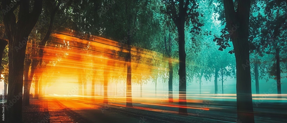 Poster vibrant light trails interweave with serene forest trees creating a captivating double exposure effe