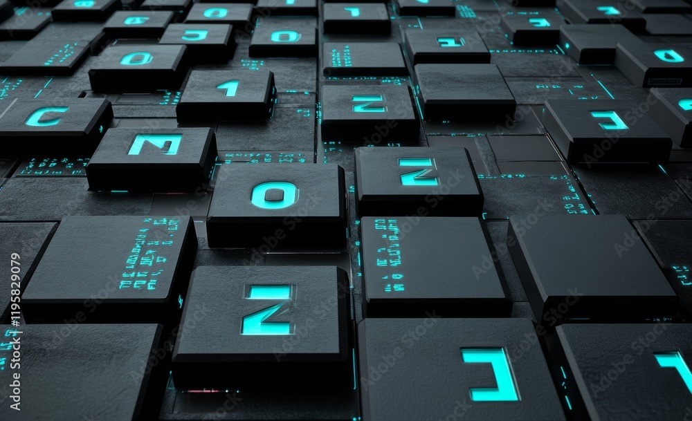 Poster datum and coding. blocks of information, big data, and business technology. blockchain 3d illustrati