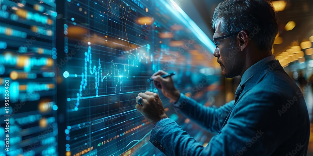 Poster businessman analyzing futuristic digital data charts on interactive screen with glowing graphs and f