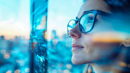 Woman in Glasses Contemplating Data Against Cityscape at Dusk