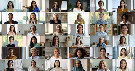 Lot of women faces look at camera, footages collage view. Group of beautiful multiethnic female...
