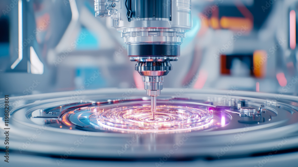 Poster advanced manufacturing process: high-tech precision machining in a futuristic setting
