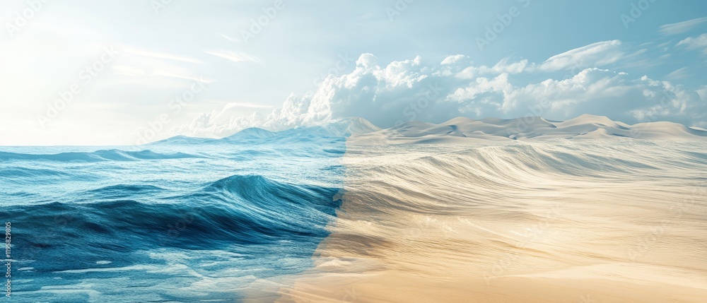 Poster dynamic interaction of ocean waves merging with desert dunes showcasing nature's contrast
