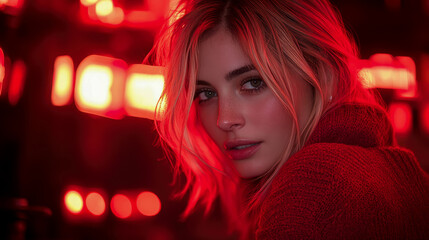 Red Light Portrait of a Woman with Blonde Hair in a Red Sweater