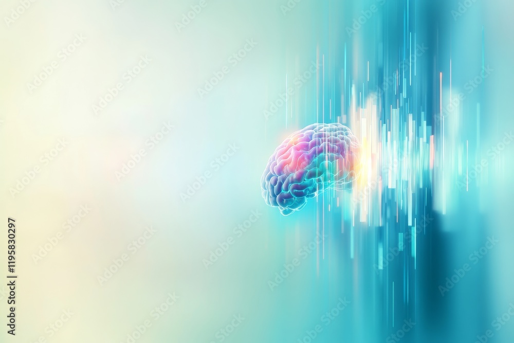 Poster visualization of the human brain on a blue backdrop, with the active sections emphasized. the proces