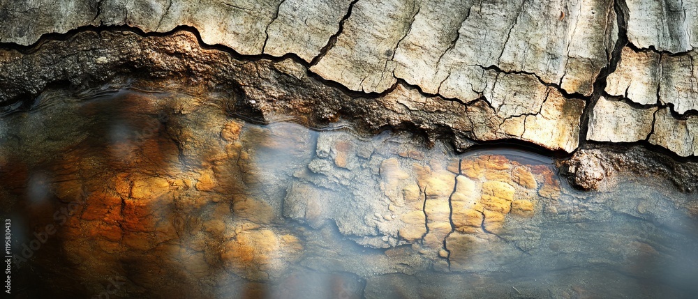 Poster ripples blend with tree bark creating a rich double exposure texture in natural settings